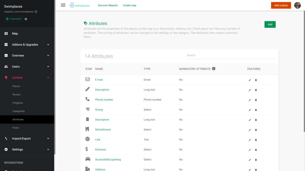 Example overview of attributes in the Mapotic admin panel