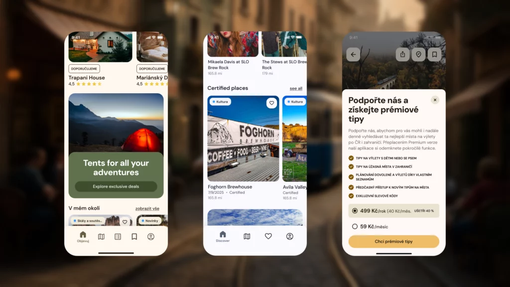The images shows three mobile app screens showcasing the different monetization possibilities such as banners to feature sponsors and exclusive deals, special carousels to promote partners or the option to hide some of the most premium content behind a paywall.