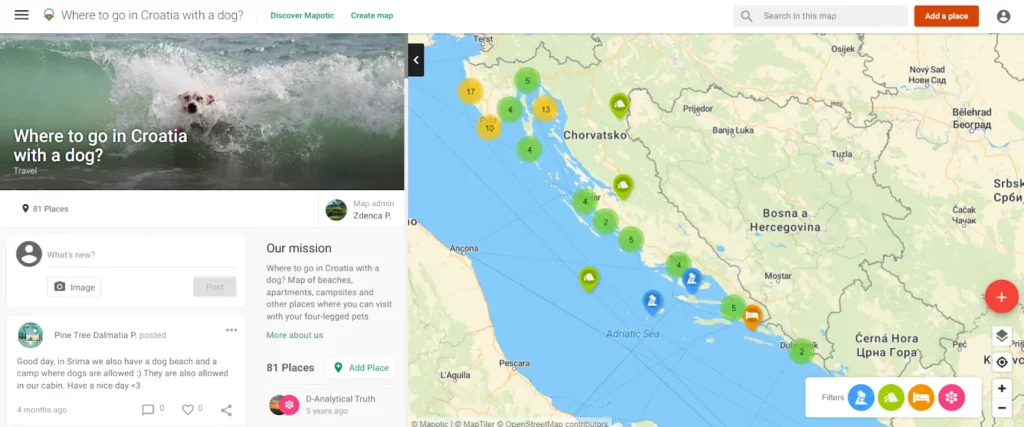 The map focused on where to go in Croatia with a dog on the web